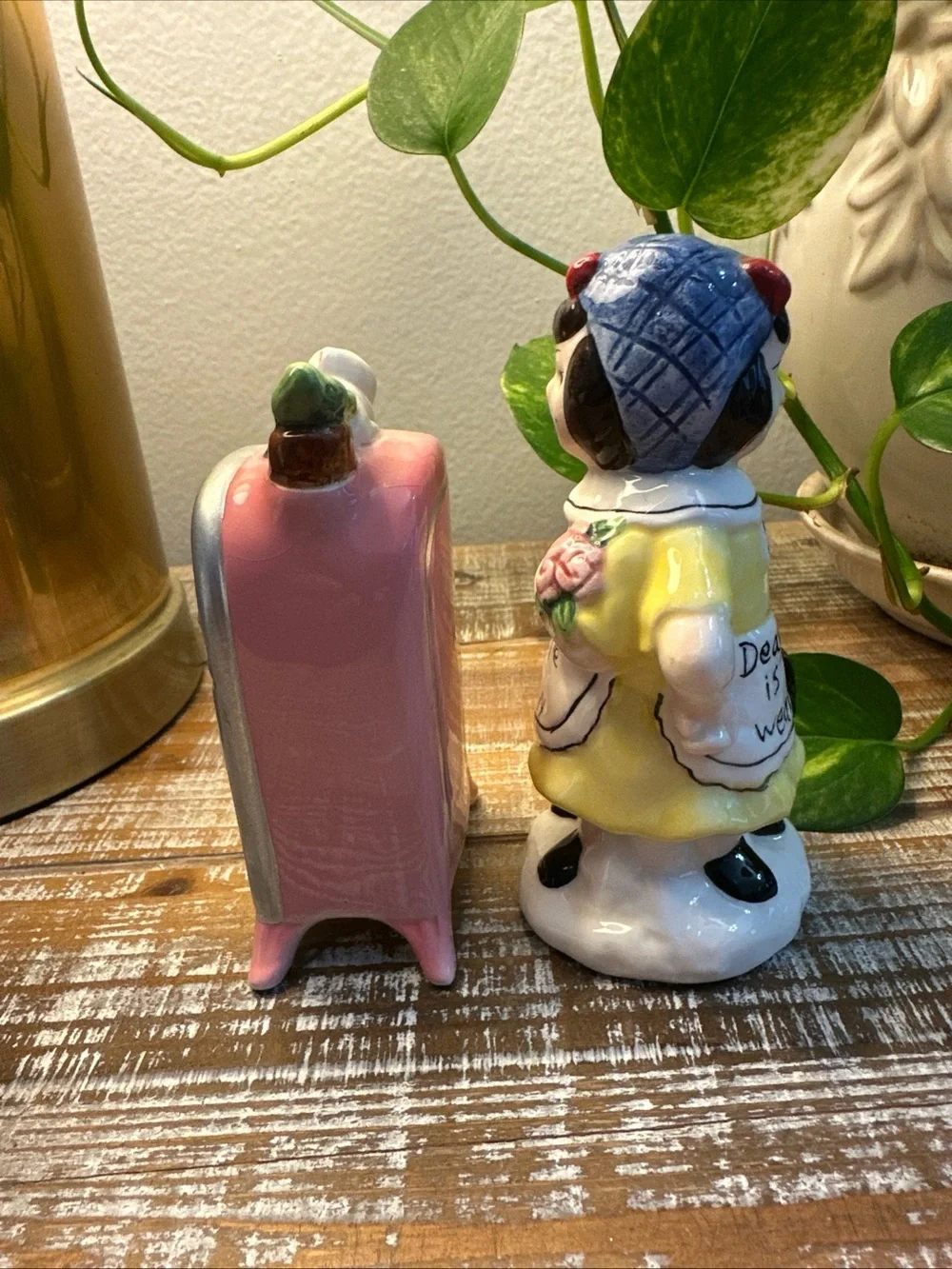 Vintage Dearie Cheery Weary Lady with Refrigerator Salt Pepper Shaker Set